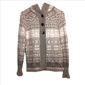 Eddie Bauer fair isle lambswool & angora blend grey & white hooded cardigan